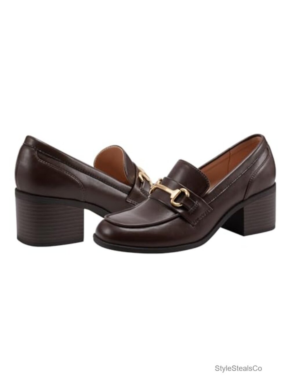 Faux Leather Loafer with Gold Hardware Slip-On Block Heel